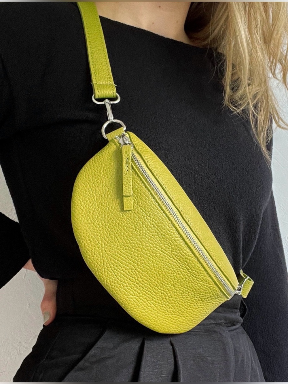 Leather Crossbody Belt Bag Lime Green